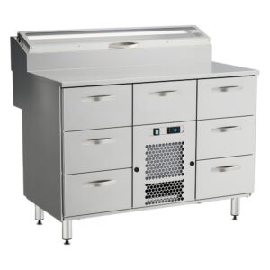InoxBaltic Pizzatyöpöytä 1200x800x900 mm, kylmäkaukalo, 7 laatikkoa