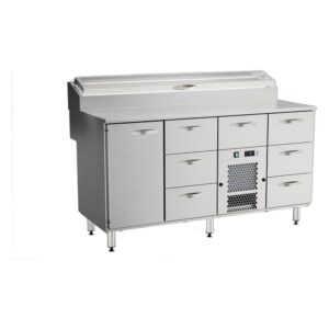 InoxBaltic Pizzatyöpöytä 1600x800x900 mm, kaappi GN-johtein, 7 laatikkoa GN1/1-150mm